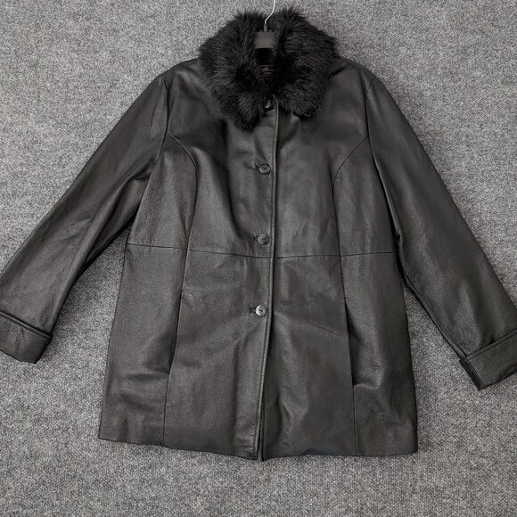 TERRY LEWIS Detachable Coat Women's L Black Leather Faux Fur 2 In 1 Pockets - Picture 7 of 16